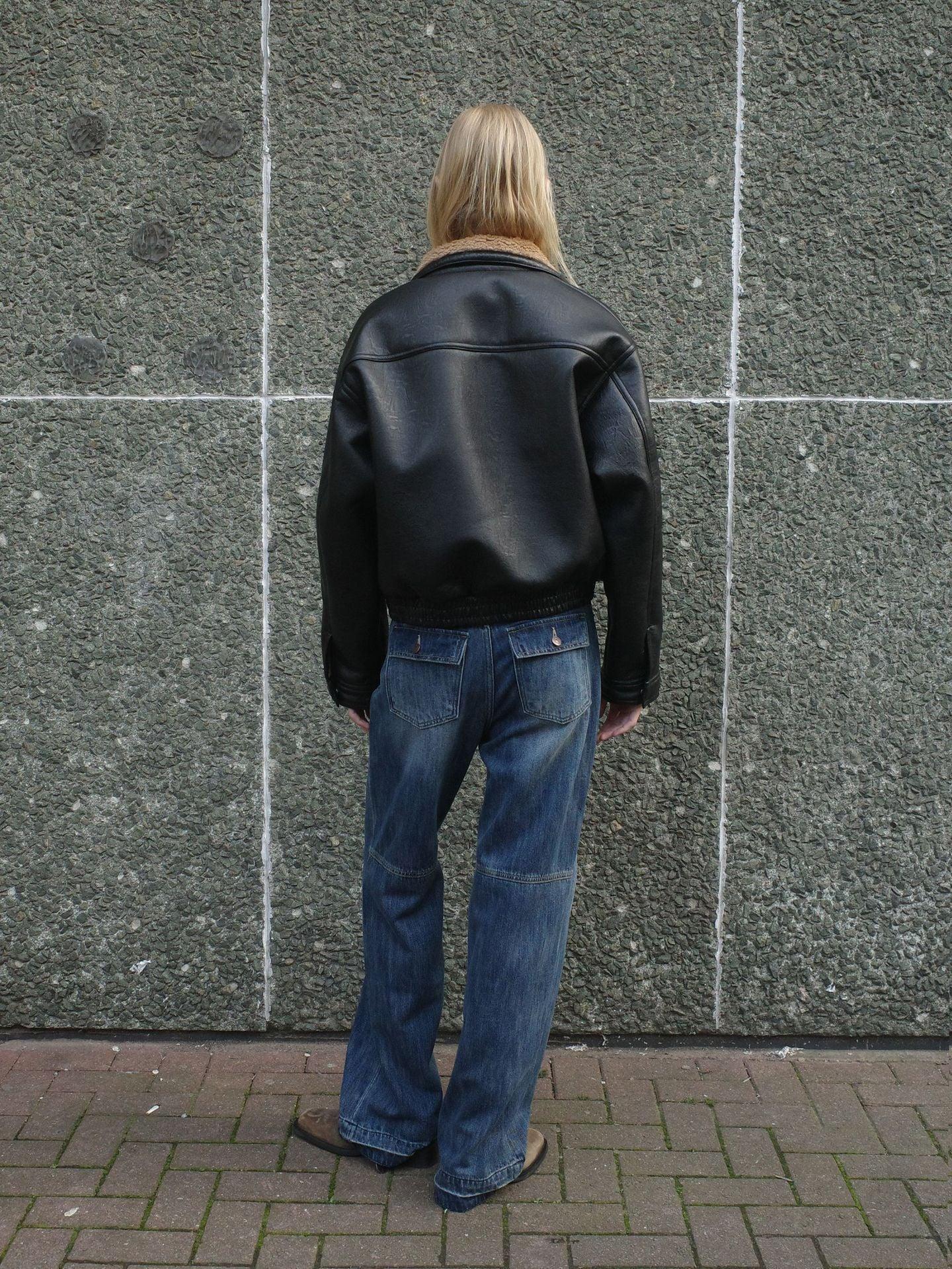 Women Oversized Moto Leather Zip Jacket Shearling