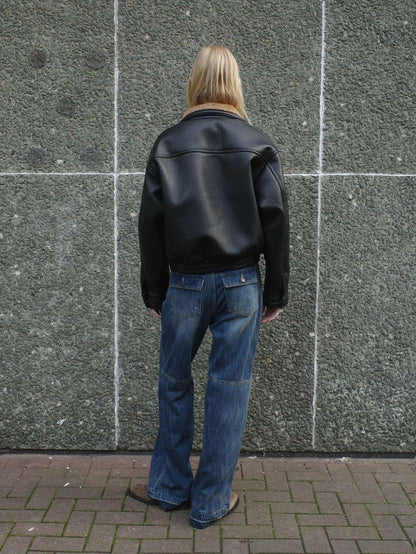 Women Oversized Moto Leather Zip Jacket Shearling