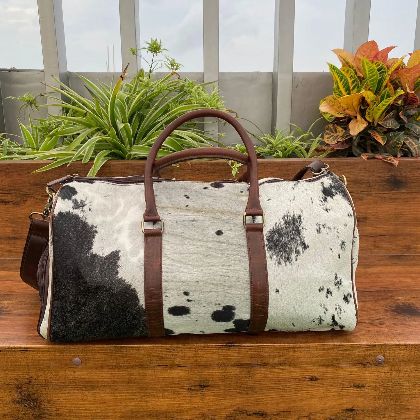 Cowhide Luggage Duffle Bag With Tooled Leather