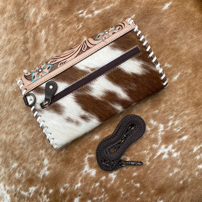 Tooled Cowhide Wallet Brown White