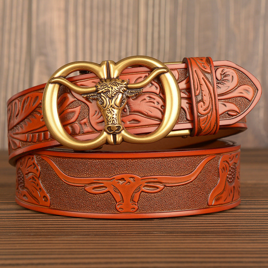 Men’s Ox Leather Belt Genuine Leather Automatic Buckle Waist Belt