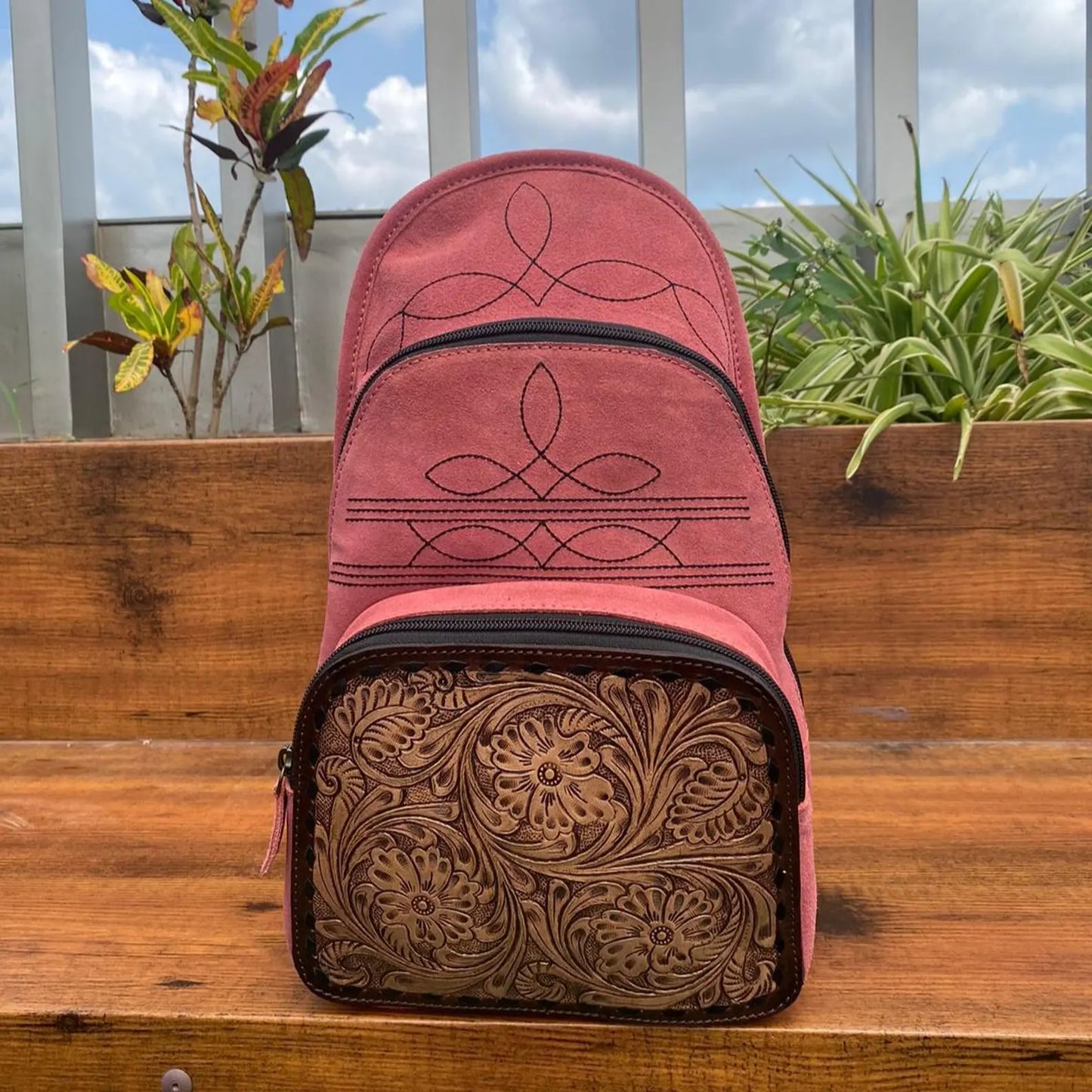 Pink Suede Tooled Leather Pink Backpack