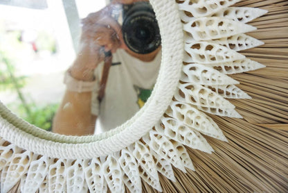 Sunburst shape raffia cowrie sea shells mirror