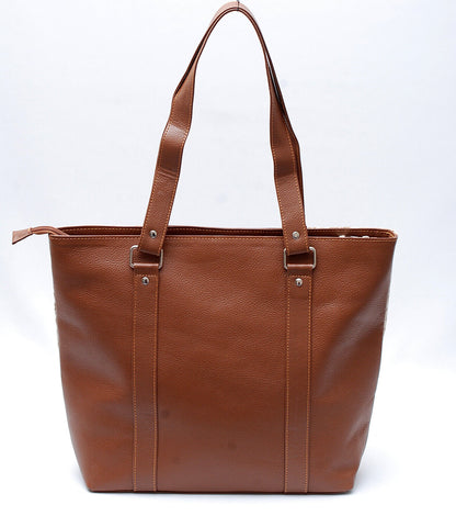 Brown white cowhide leather tote bag