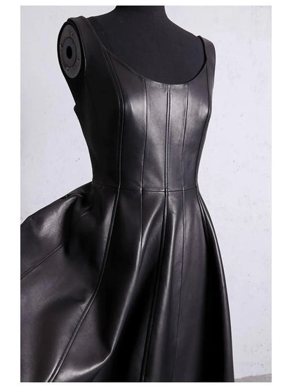 long sleeveless leather dress