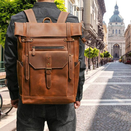 Genuine Leather Roll Top Backpack
