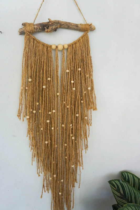 Driftwood jute wall hanging with wooden beads