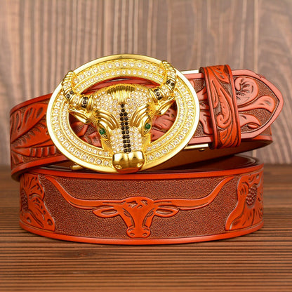 Men’s Leather Cowboy Belt with Bull Head Buckle