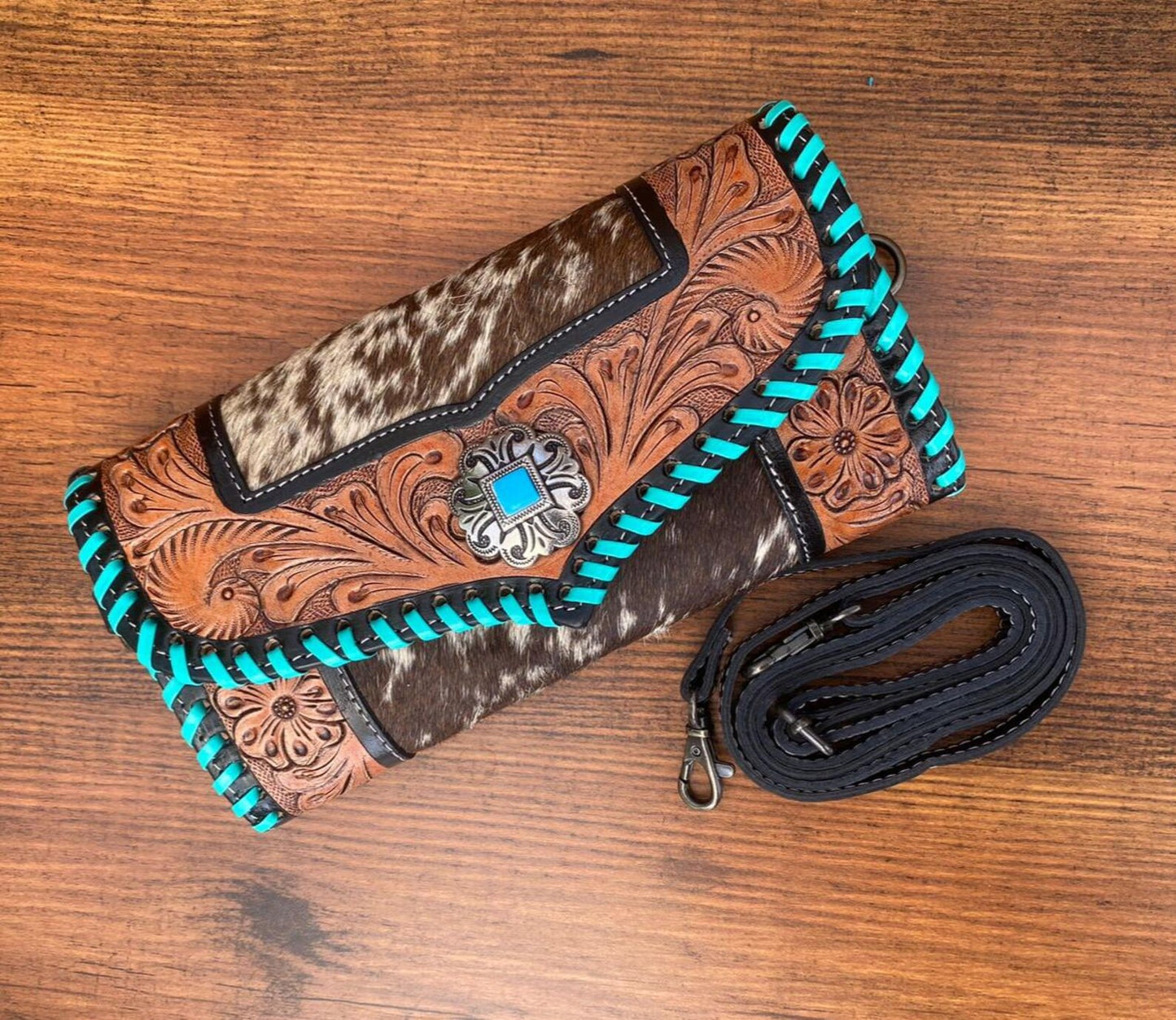 Cowhide Clutch Crossbody Bag With Tooled Leather