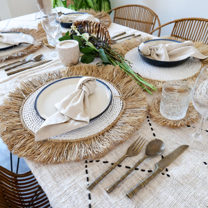 Natural Raffia fringed white placemat