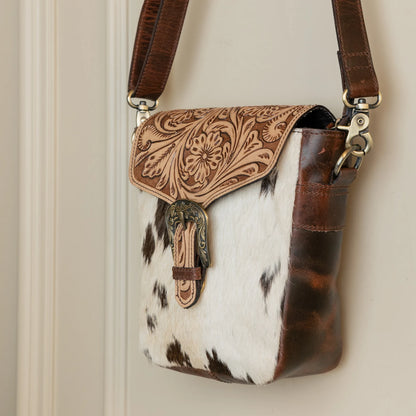 Cowhide crossbody bag with tooled leather