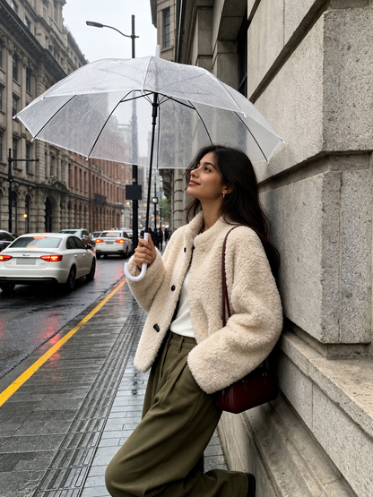 Women's Shearling Jacket with Stand Collar Short Winter Style