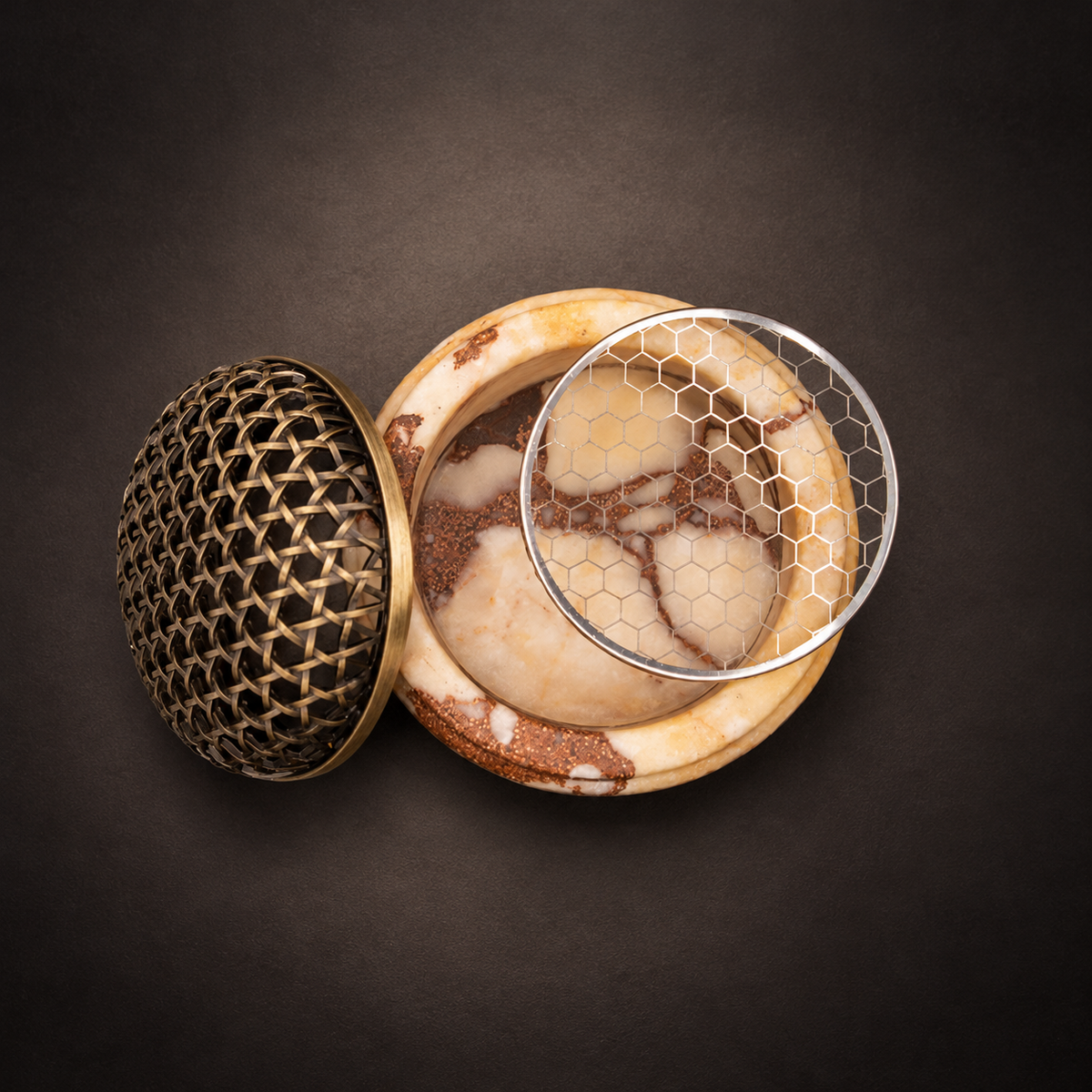Incense Burner in Natural Marble with Decorative Metal Dome Lid