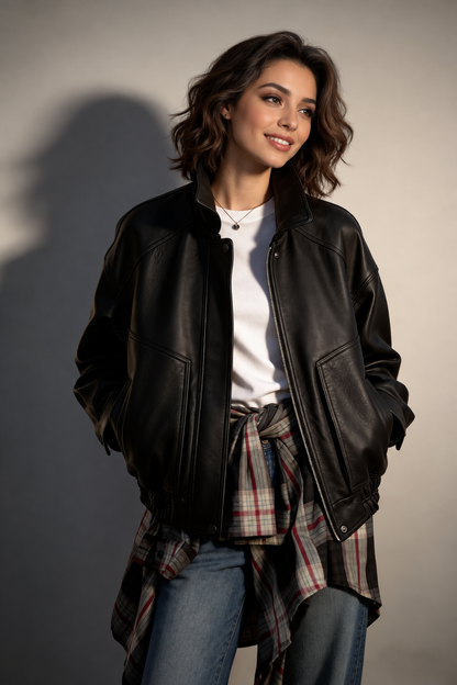 Women's Motorcycle Jacket in Oversized Genuine Sheepskin Leather