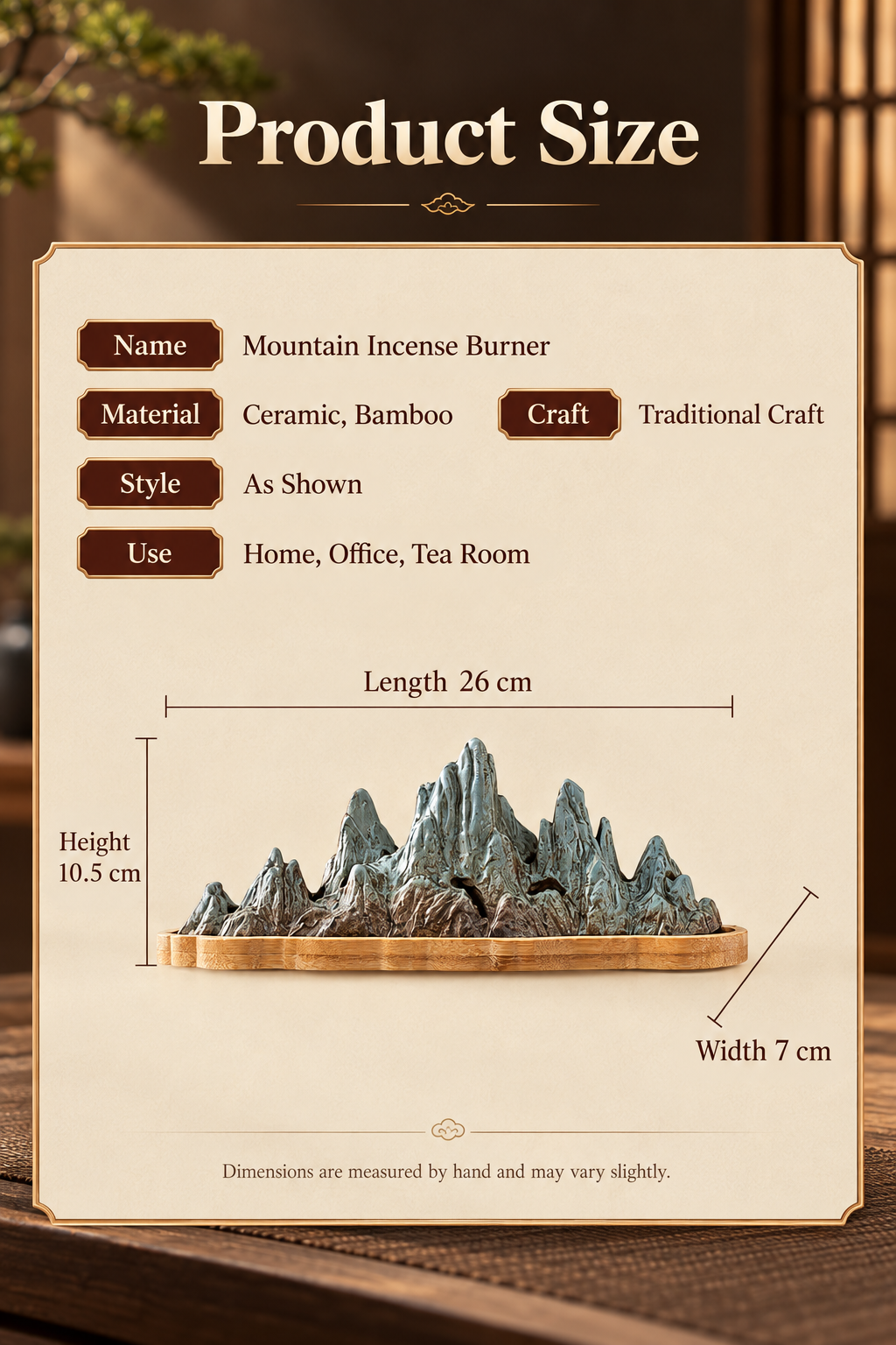 Mountain Incense Burner with Ceramic Landscape and Bamboo Base