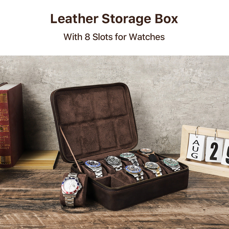 Men’s Leather 8 Slot Luxury Watch Box Travel Case Organizer