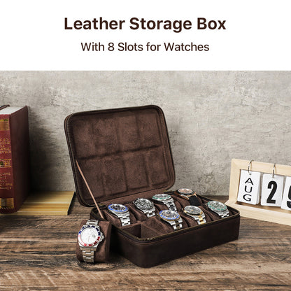 Men’s Leather 8 Slot Luxury Watch Box Travel Case Organizer