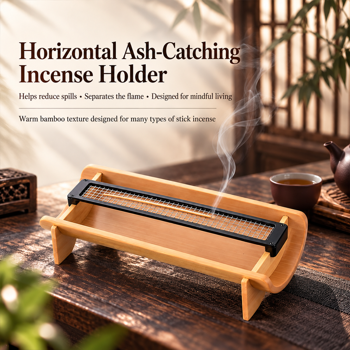 Bamboo Incense Stick Holder with Removable Metal Mesh Ash Tray