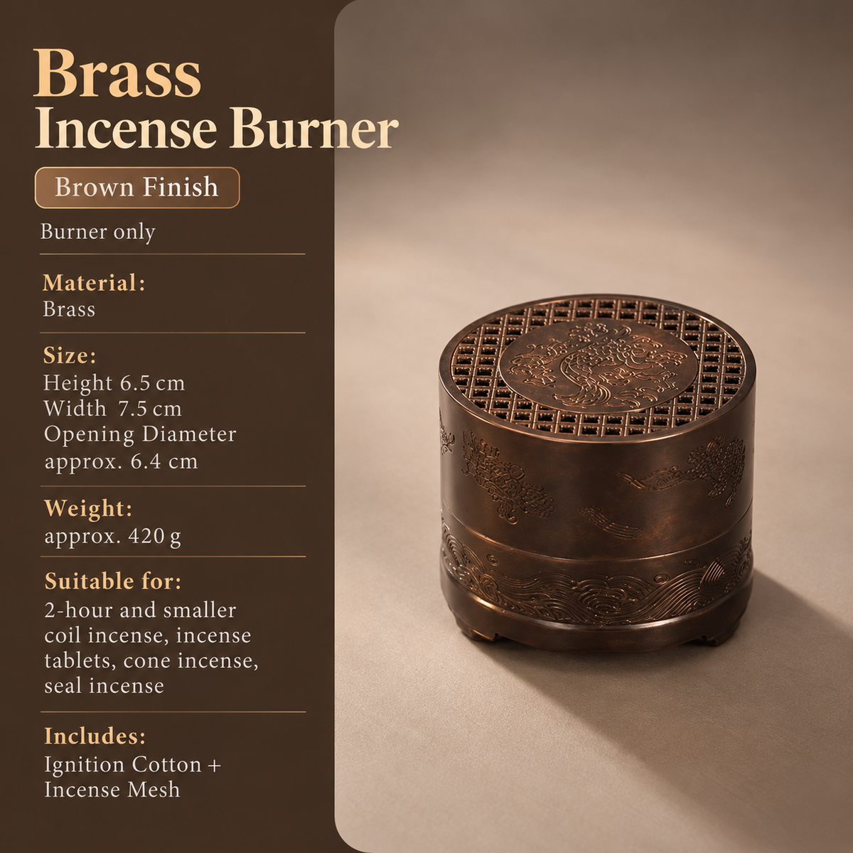 Incense Burner in Brass with Decorative Koi Lid for Home