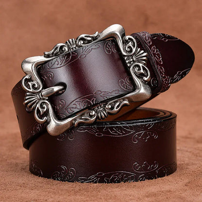 women carved genuine leather wide belt Coffee Brown 105 cms