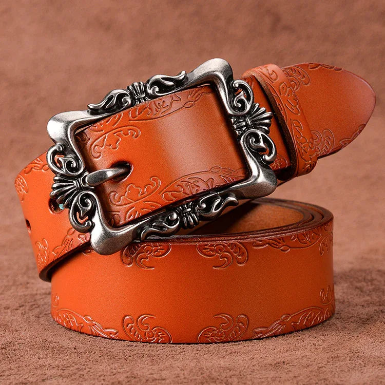 women carved genuine leather wide belt Camel 105 cms