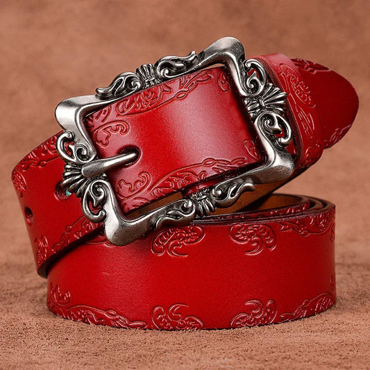 women carved genuine leather wide belt Red 105 cms