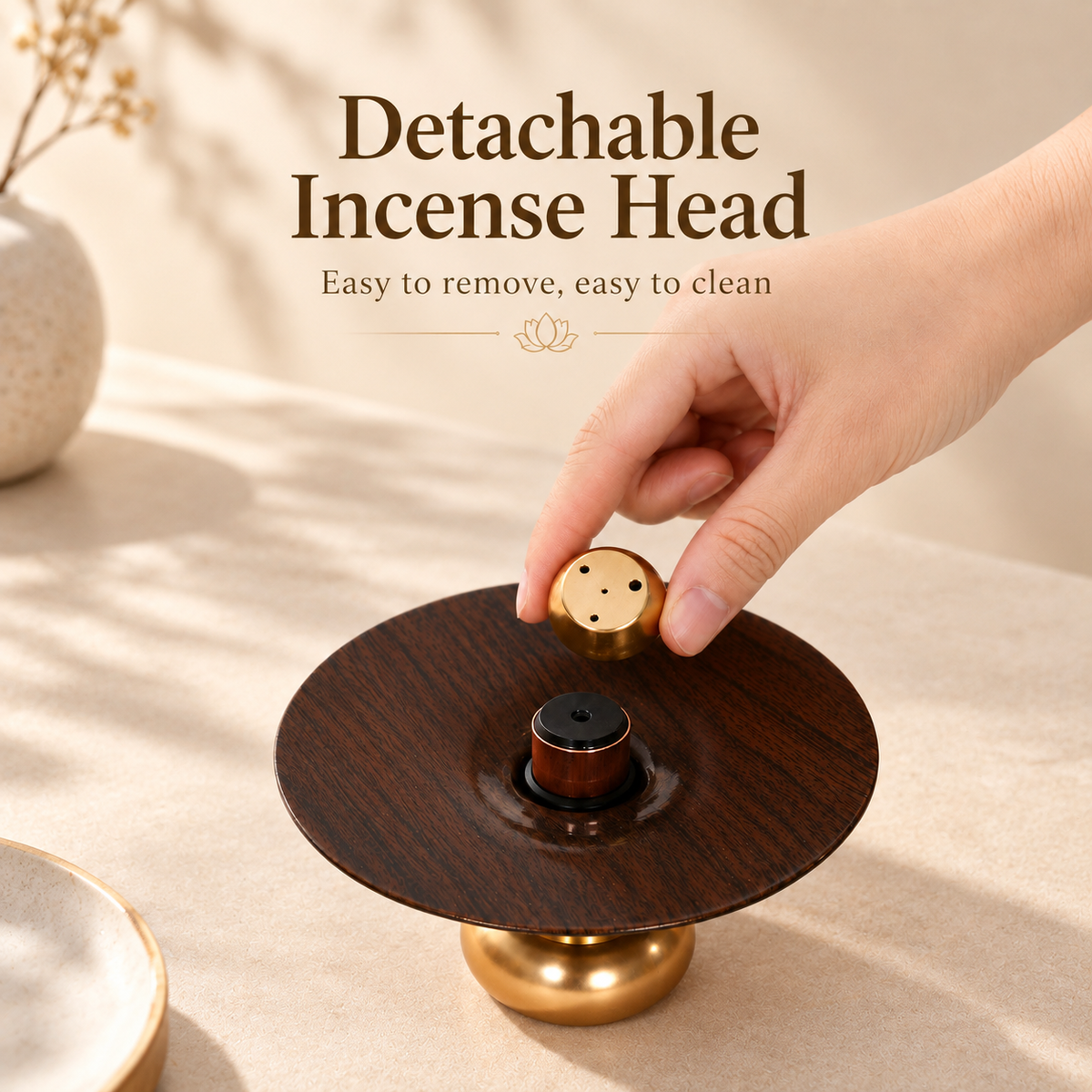 Incense Stick Holder with Wood Grain Alloy Tray and Detachable Head