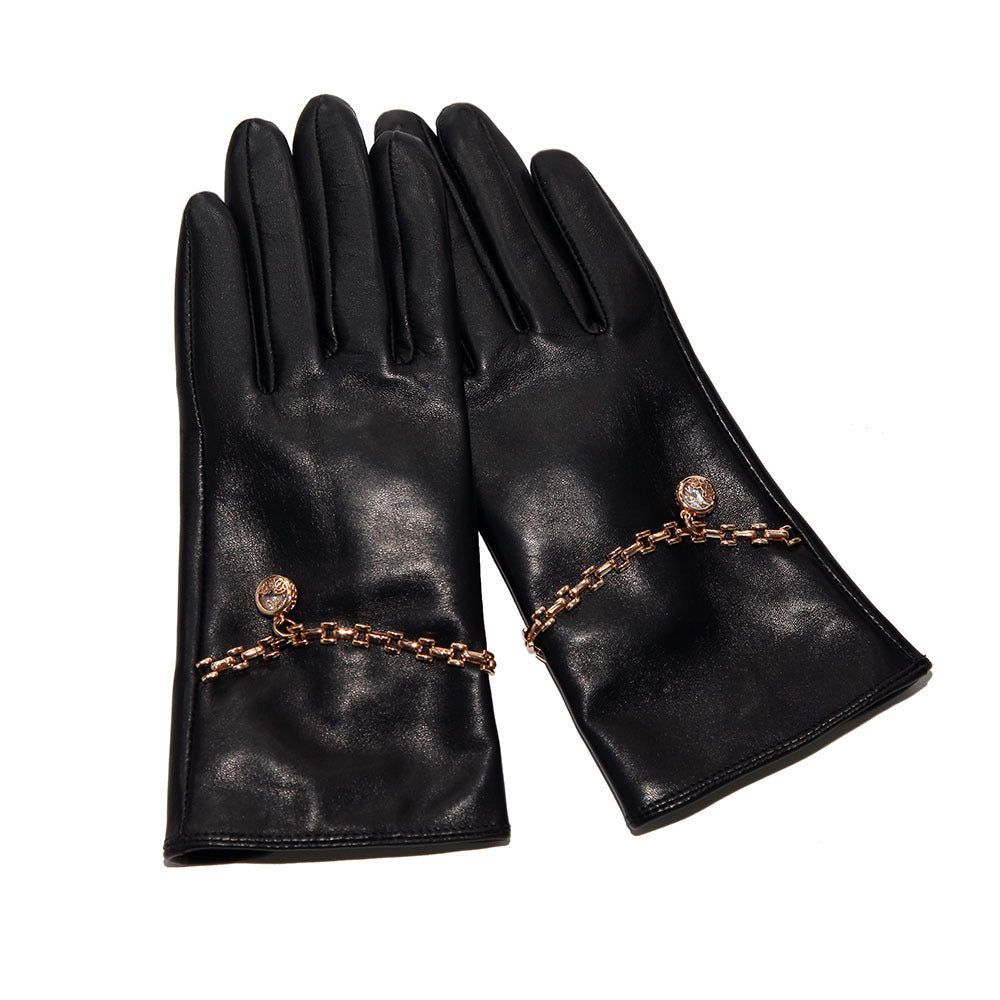 Women’s Leather Gloves in Black Sheepskin with Fleece Lining and Chain Detail