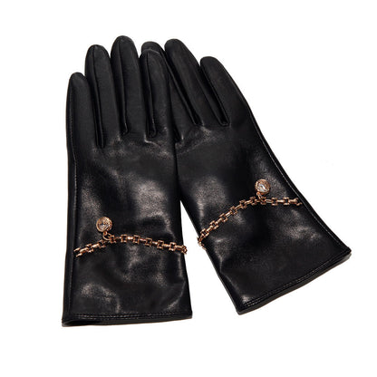 Women’s Leather Gloves in Black Sheepskin with Fleece Lining and Chain Detail
