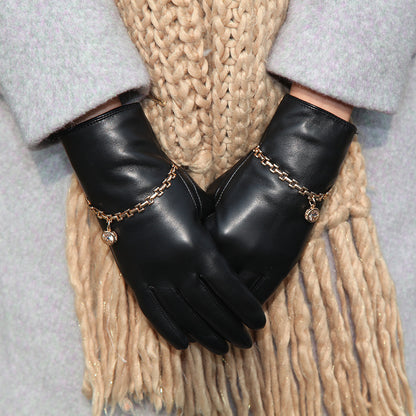 Women’s Leather Gloves in Black Sheepskin with Fleece Lining and Chain Detail