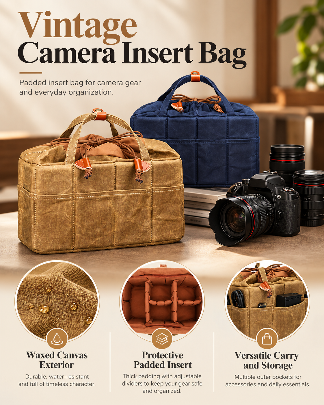 Canvas Bag Organizer for Camera Lenses with Removable Dividers
