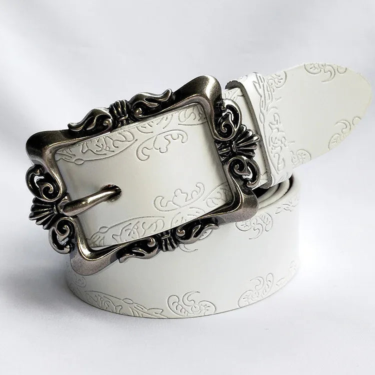 women carved genuine leather wide belt White 105 cms