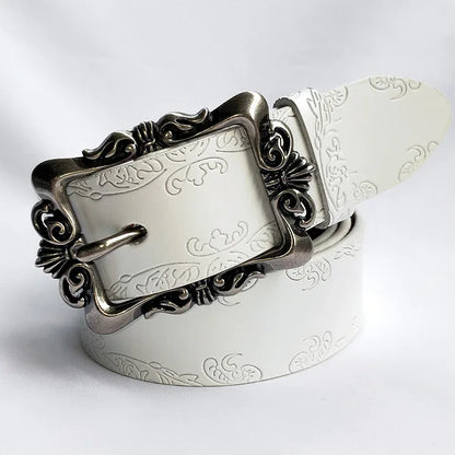 women carved genuine leather wide belt White 105 cms