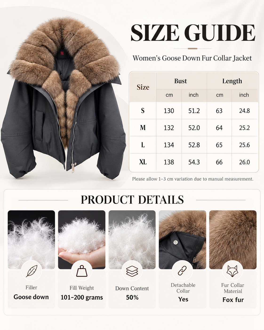 Fur Collar Jacket for Women with Detachable Fox Fur and Down