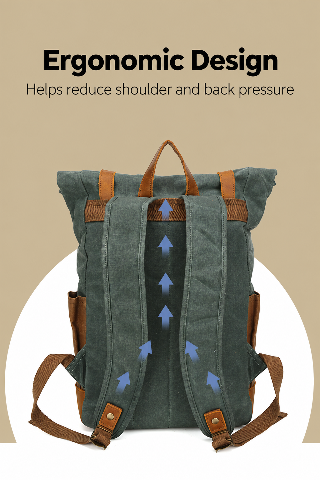 Canvas Backpack with Roll Top, Brown Trim and Organized Storage
