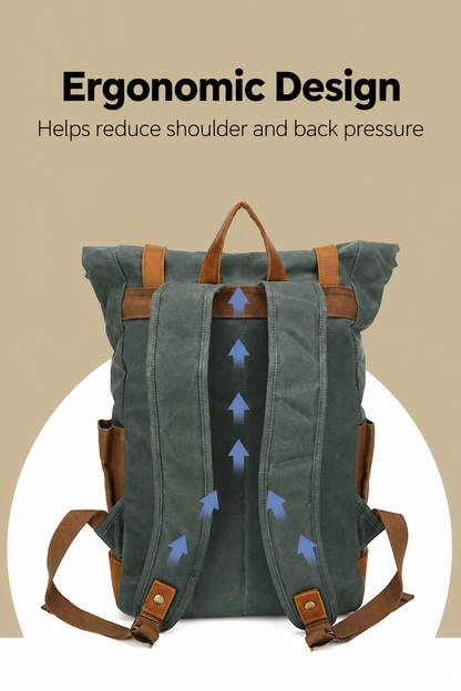 Canvas Backpack with Roll Top, Brown Trim and Organized Storage