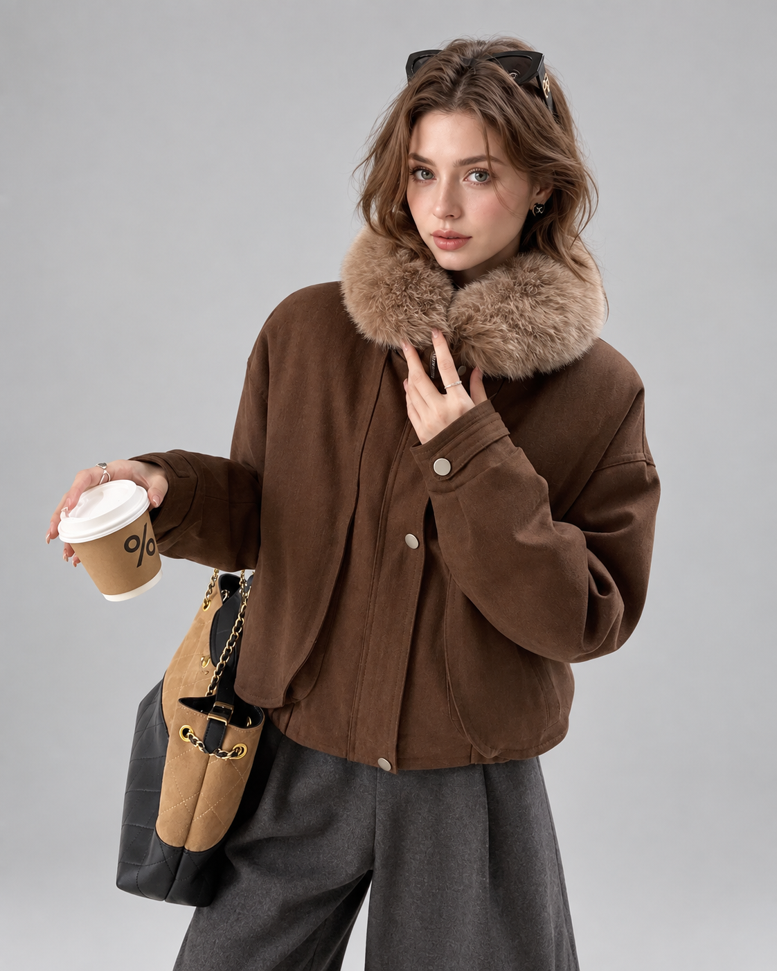 Women’s Brown Leather Jacket With Fur Collar for Winter