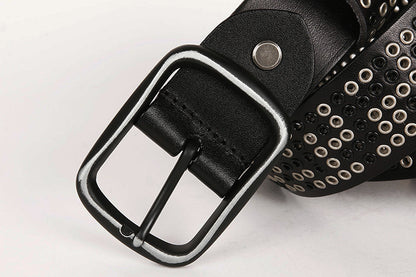 Wide punk studded leather belt with eyelets