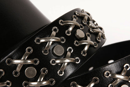 Genuine Leather Punk Belt with Silver Cross Rivets