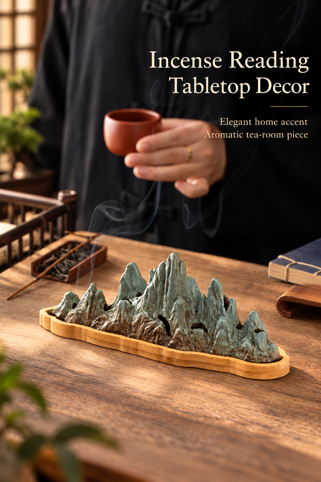 Mountain Incense Burner with Ceramic Landscape and Bamboo Base