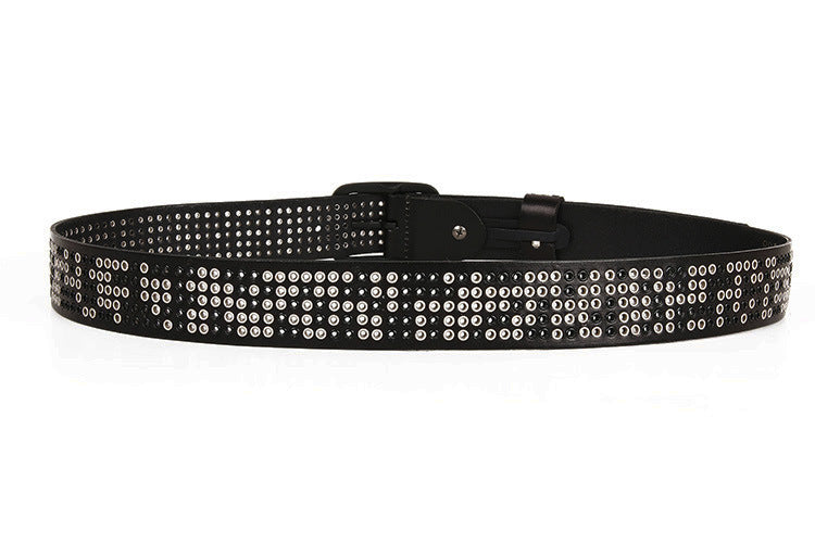 Wide punk studded leather belt with eyelets