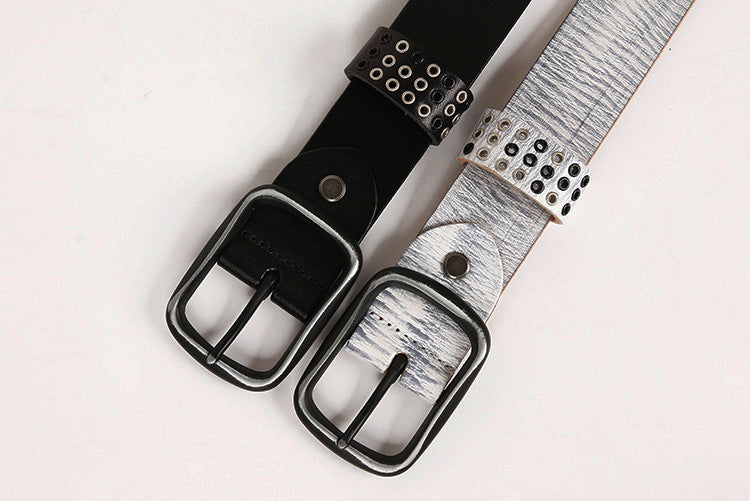 Wide punk studded leather belt with eyelets