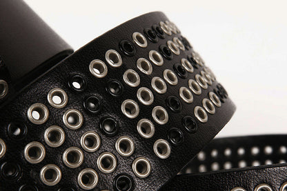 Wide punk studded leather belt with eyelets
