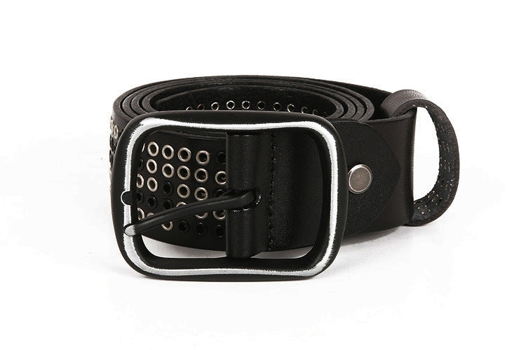 Wide punk studded leather belt with eyelets