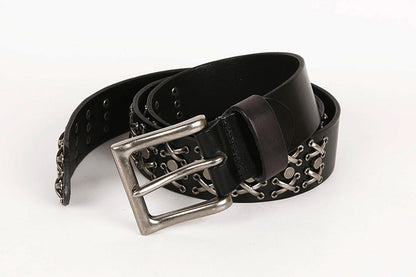 Genuine Leather Punk Belt with Silver Cross Rivets