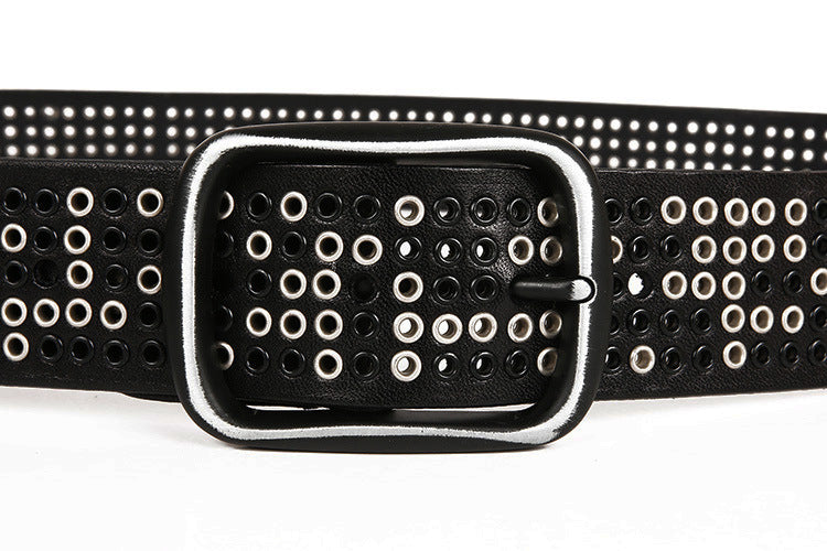 Wide punk studded leather belt with eyelets