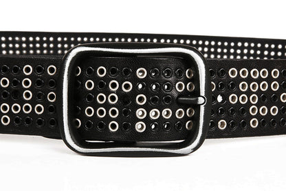 Wide punk studded leather belt with eyelets