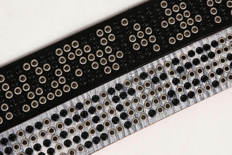 Wide punk studded leather belt with eyelets