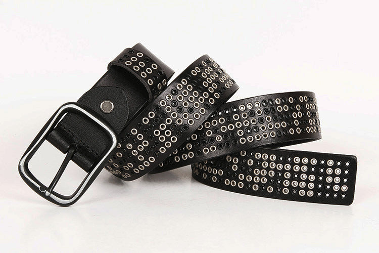 Wide punk studded leather belt with eyelets