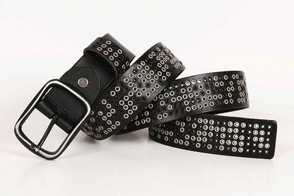 Wide punk studded leather belt with eyelets